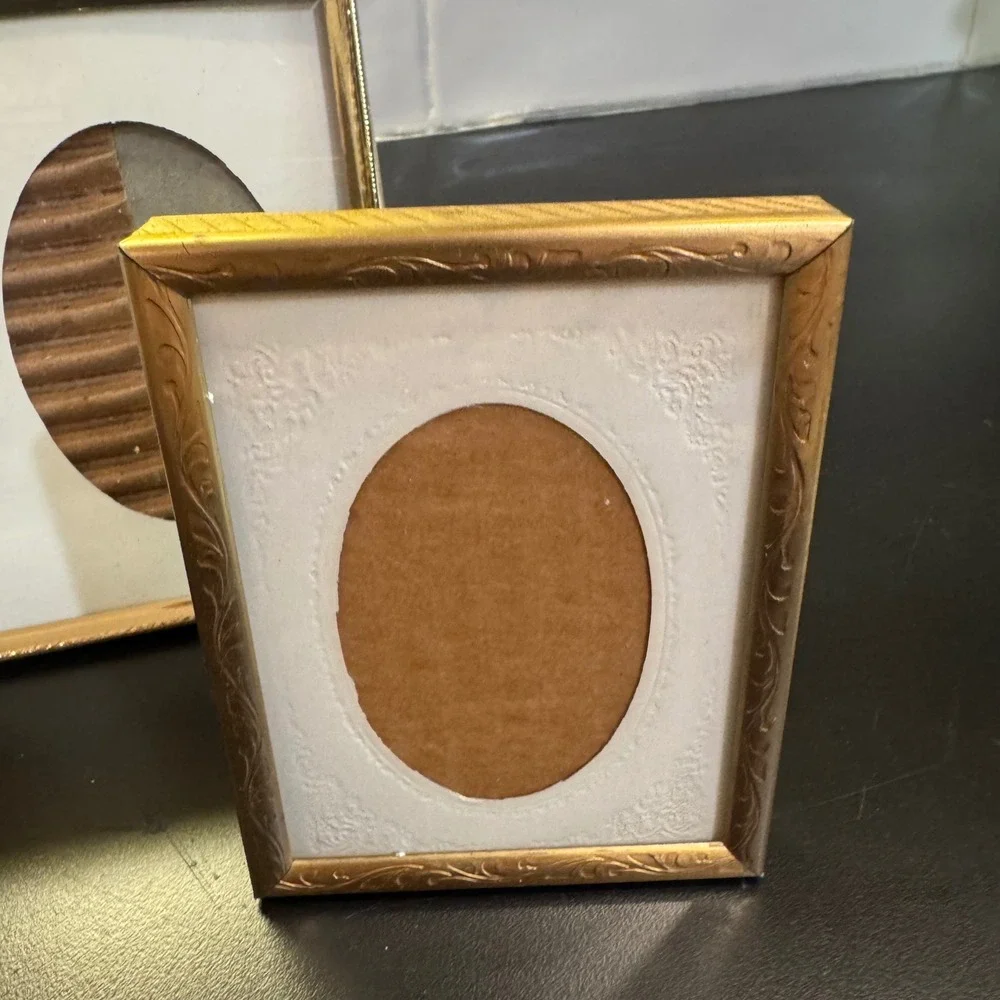 Vintage Gold Metal Oval Double and Single Picture Frame Set Small Gold Mat 2pc